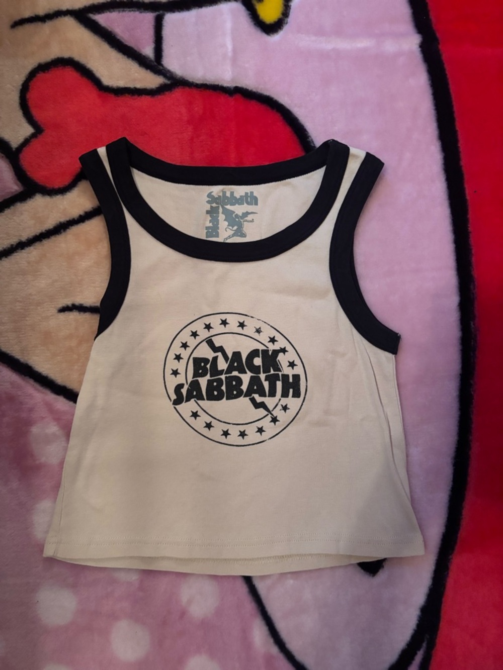 Black Sabbath Ringer Crop Tank Top - Black Trim on Cream